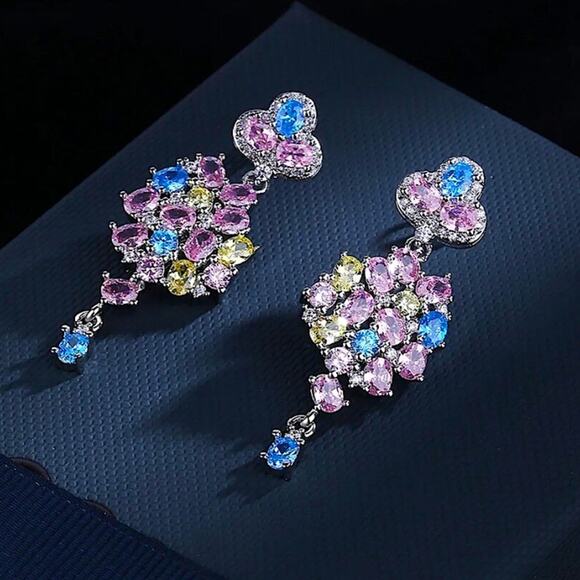 Blue Pink Topaz Citrine Zircon Dangle Earrings Wedding Bridal Anniversary - Picture 4 of 5